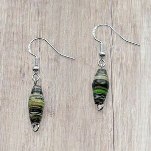 Handmade Green and Brown Paper Bead Sterling Silver Dangle Earrings